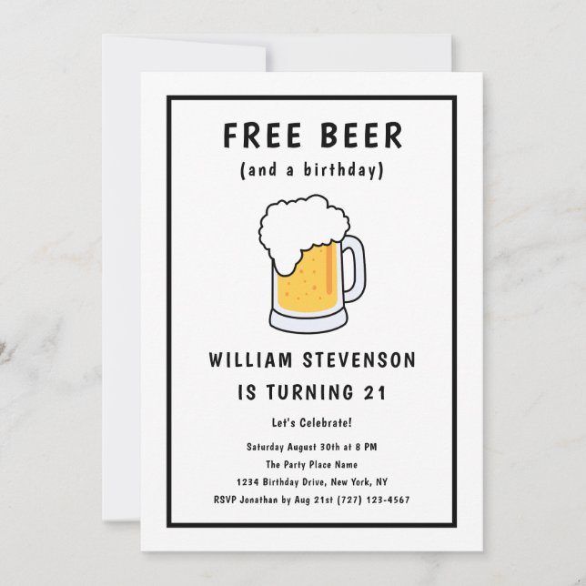 Invitation Amusante Libre Bière Joke Simple Homme 21e anniver (Devant)