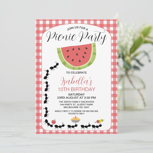 Invitation Amusante Watermelon Ants Pique-nique Anniversaire  (Debout devant)