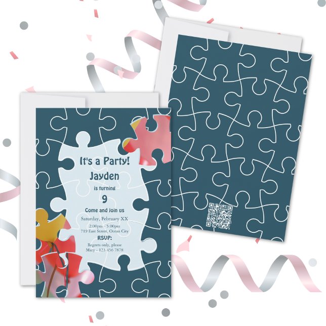 Invitation Amusants 9e anniversaire Puzzle Thématique Invitat (Fun 9th Birthday Puzzle Themed Party Invite Card, Flat Card 5x7 Inch)