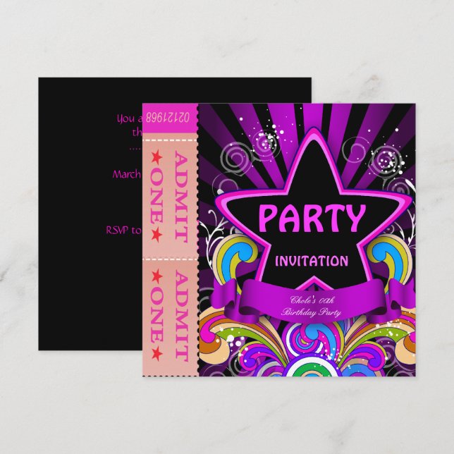Invitation Amusants Anniversaire Filles Hot Pink Billets 2 (Devant / Derrière)