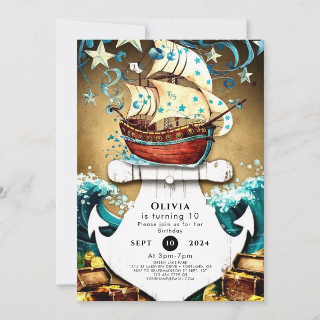 Invitation Amusants Aquarelle Trésor Pirate Anniversaire (Devant)