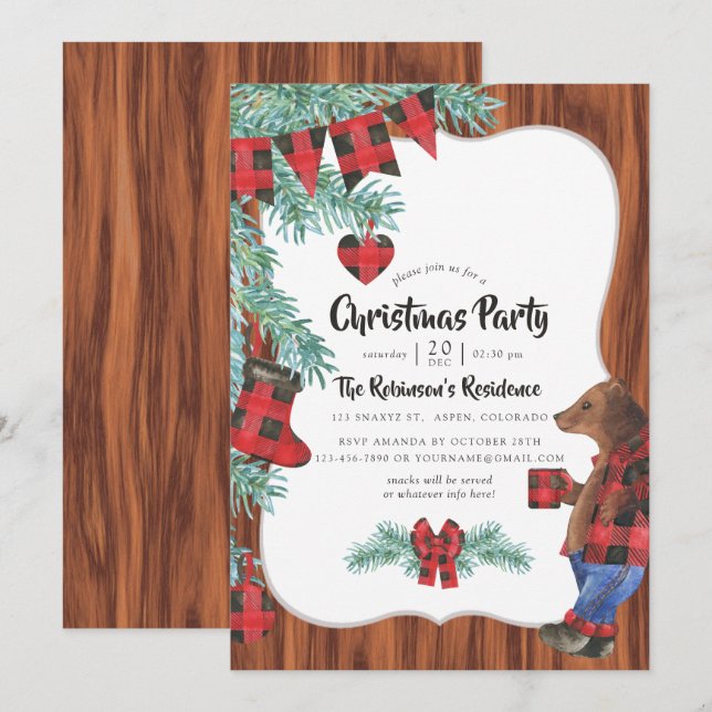 Invitation Amusants Buffalo Plaid Bear Fête de Noël (Devant / Derrière)