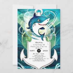 Invitation Amusants enfants Aquarelle requin anniversaire