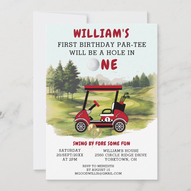 Invitation Amusants Golf Panier Rouge Garçon 1er Anniversaire (Devant)