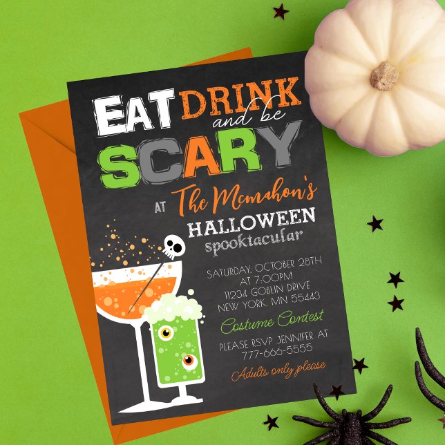 Invitation Amusants Mangez un verre et soyez effrayant Hallow (Eat Drink and Be Scary Fun Adult Chalkboard Halloween Invitations. Available printed or digital)