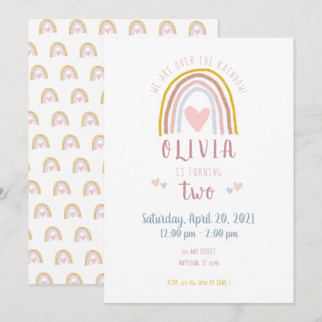 Invitation Amusants Moderne Boho Rainbow Heart Deuxième anniv (Devant / Derrière)