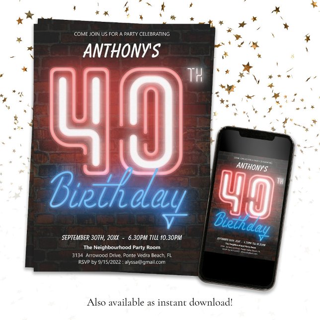 Invitation Amusants Neon Retro 40e anniversaire fête (Cool 40th Birthday 80s Retro Neon Sign Custom Invitation)