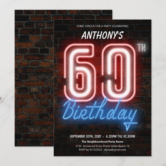 Invitation Amusants Neon Retro 60e anniversaire fêtjournée In (Devant / Derrière)