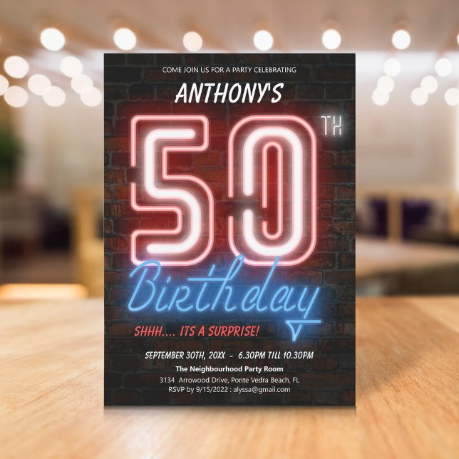 Invitation Amusants Neon Retro Surprise 50e anniversaire (Fun Neon Retro Surprise 50th Birthday Party Invitation)