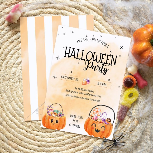 Invitation Amusants orange citrouille aquarelle enfants hallo (Créateur téléchargé)