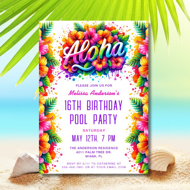 Invitation Amusants Tropical Aloha Anniversaire Pool Party (Créateur téléchargé)