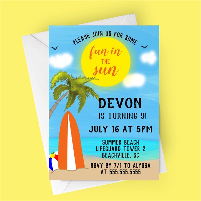 Invitation Amusement à la fête d'anniversaire de Sun Beach (Fun in the Sun - Beach Themed Birthday Party Invitation)