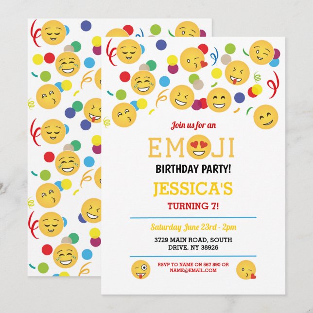 Invitation Amusement de l'anniversaire des enfants d'Emoji (Devant / Derrière)