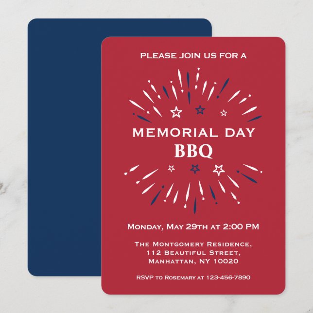 Invitation Amusement Feu d'artifice Rouge Blanc Bleu BBQ Jour (Devant / Derrière)