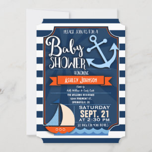 Invitation Amusement, Marine, Orange & Blanc Baby shower naut