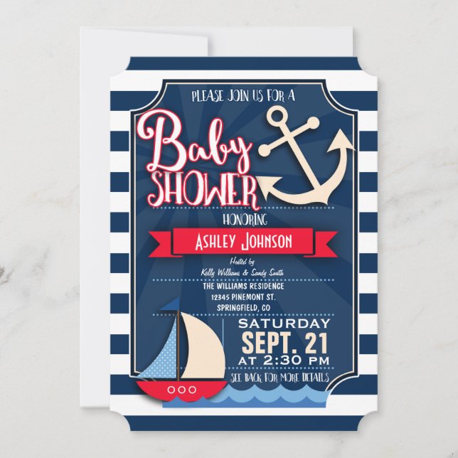 Invitation Amusement, Marine, Rouge & Blanc Baby shower nauti (Devant)