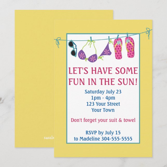 Invitation Amusez-Vous Dans Le Soleil Pool Fête Anniversaire (Devant / Derrière)