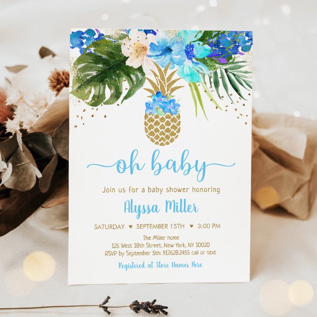 Invitation Ananas Blue Gold Floral Oh Baby shower (Créateur téléchargé)
