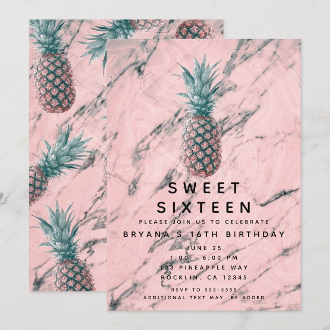 Invitation Ananas Pink Marble Swirl Moderne Sweet 16 Party (Devant / Derrière)