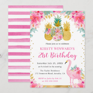 Invitation Ananas rose et or & Flamant rose 21e anniversaire