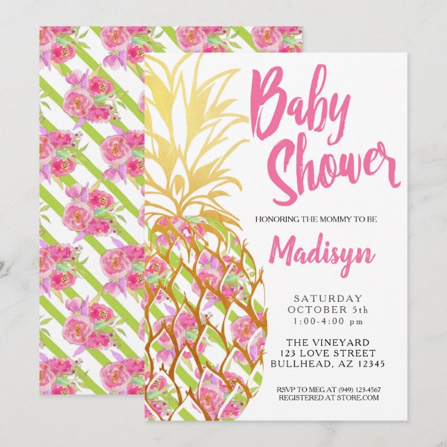 Invitation Ananas rose Fleurs tropicales Baby shower fille (Devant / Derrière)