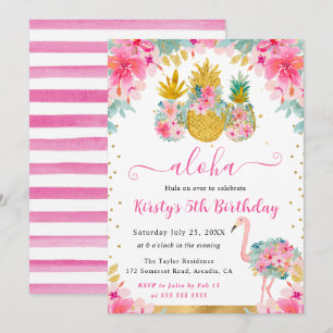 Invitation Ananas roses et dorés et Anniversaire de Flamant R