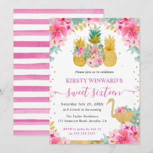 Invitation Ananas roses et dorés et Flamant Rose Sweet 16
