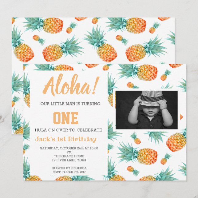 Invitation Ananas tropical exotique 1er anniversaire Photo In (Devant / Derrière)