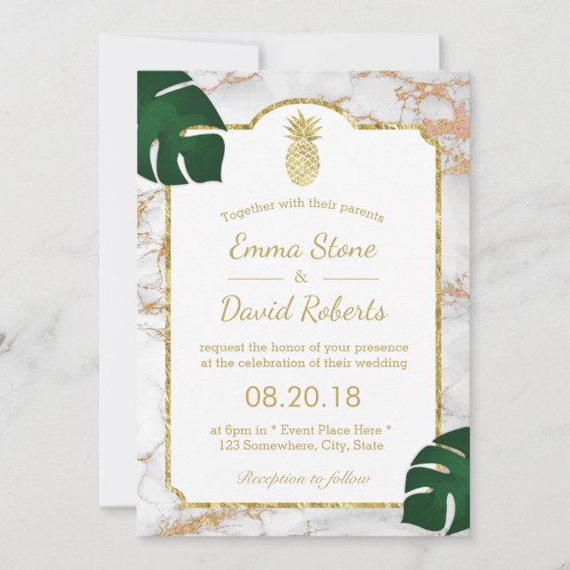 Invitation Ananas Tropical Gold Mariage moderne en marbre (Devant)