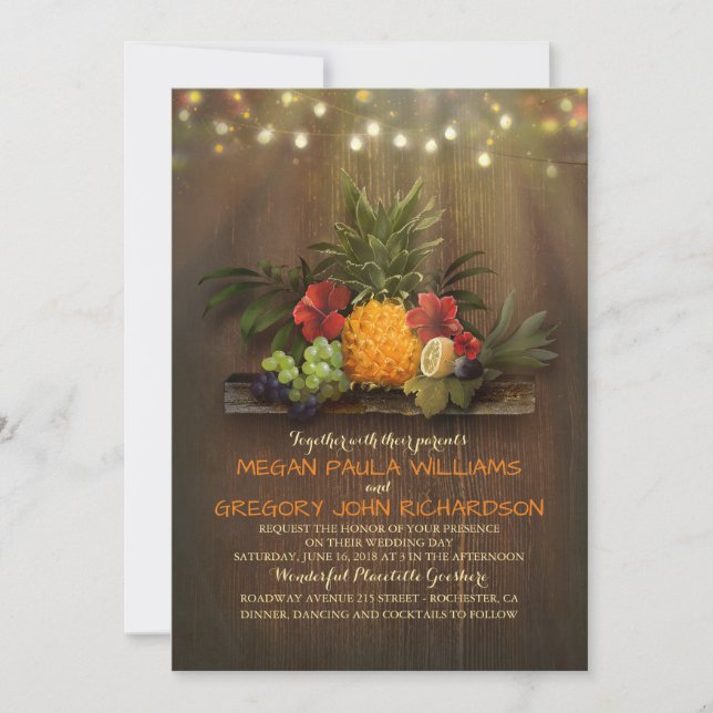 Invitation Ananas Tropical String Lumières Plage Mariage (Devant)