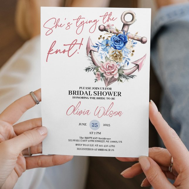 Invitation Anchor Tying the Knot Nautical Bridal Shower  (nautical bridal shower cute pink destination elegant modern tropical coastal beachy classic roses )