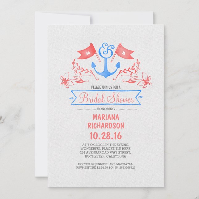 Invitation Ancrage nautique vintage plage douche nuptiale (Devant)