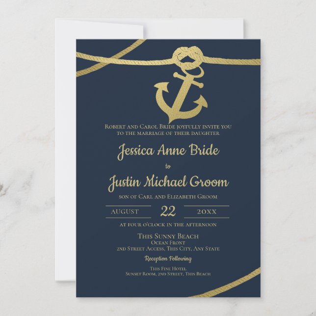 Invitation Ancre à corde Gold et Mariage bleu marine (Devant)