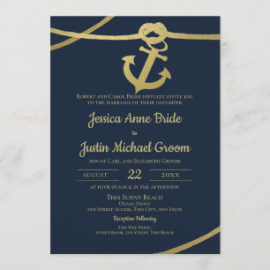 Invitation Ancre à corde Gold et Mariage bleu marine