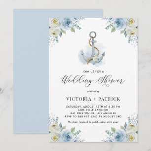 Invitation Ancre aquarelle et Wedding shower de fleurs bleues