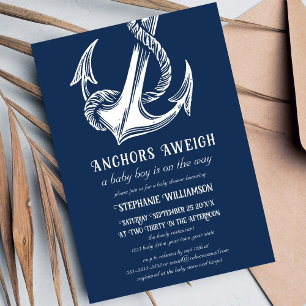 Invitation Ancre blanche nautique sur une Baby Shower Navy 