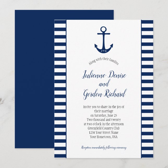 Invitation Ancre Bleu Bleu Blancs Mariages nautiques (Devant / Derrière)