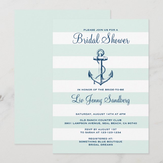 Invitation Ancre bleu marine et Fête des mariées à rayures de (Devant / Derrière)