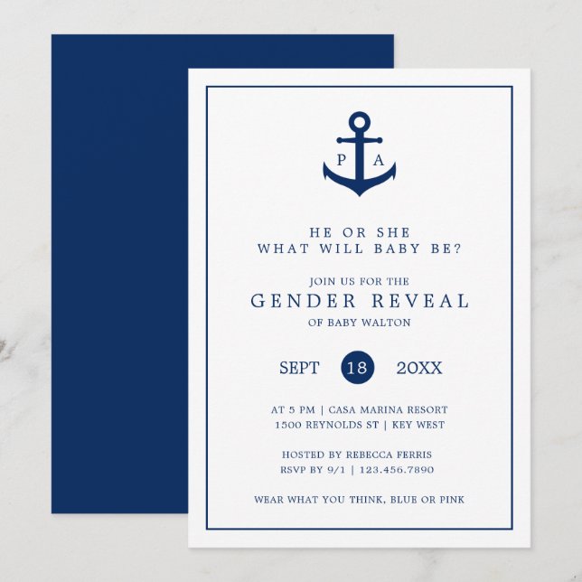 Invitation Ancre bleu marine Monogramme Révélation de genre (Devant / Derrière)