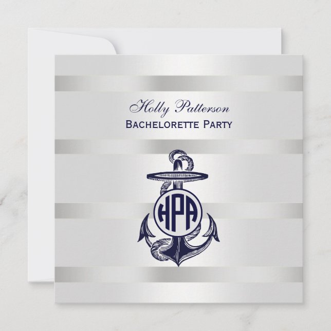 Invitation Ancre Bleue Argent Blanc Cercle Marine Monogramme  (Devant)