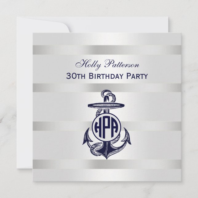 Invitation Ancre Bleue Argent Blanc Cercle Marine Monogramme  (Devant)