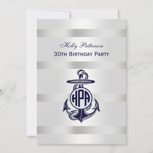 Invitation Ancre Bleue Argent Blanc Cercle Marine Monogramme  (Devant)