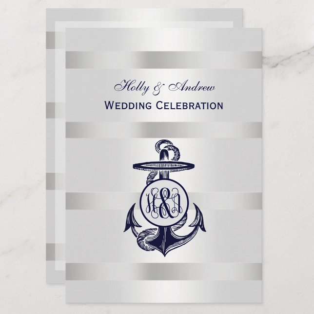 Invitation Ancre Bleue Argent Blanc Marine Vine Monogramme 33 (Créateur téléchargé)