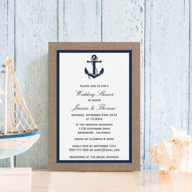 Invitation Ancre Bleue De La Marine Sur Burlap Wedding shower (Créateur téléchargé)