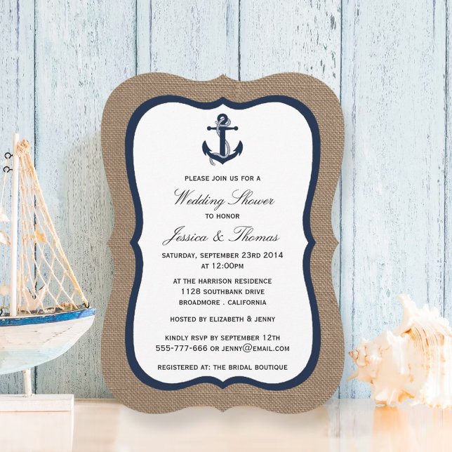 Invitation Ancre Bleue De La Marine Sur Burlap Wedding shower (Créateur téléchargé)