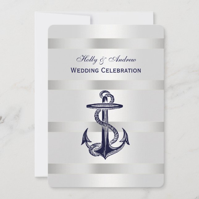 Invitation Ancre bleue marine Argent Wt BG V Mariage (Devant)