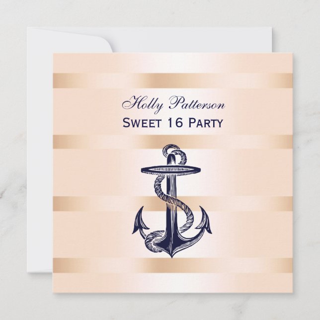 Invitation Ancre Bleue Marine Nautique Bébé rose BG SQ Sweet  (Devant)