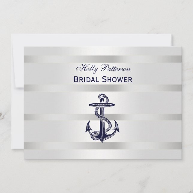 Invitation Ancre Bleue Nautique Argent Wt BG H Fête des marié (Devant)