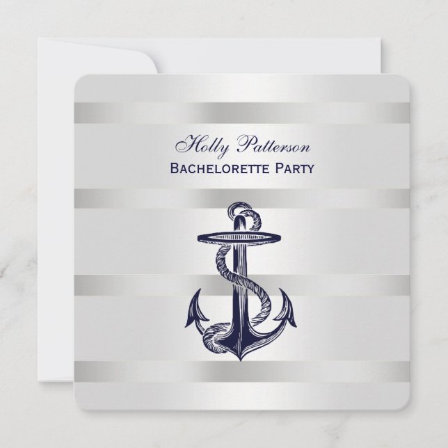 Invitation Ancre Bleue Nautique Argent Wt BG SQ Bachelorette (Devant)