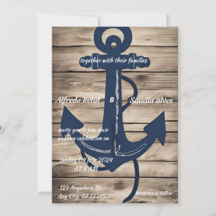 Invitation Ancre bleue Rustic Wood Marine Mariage nautique